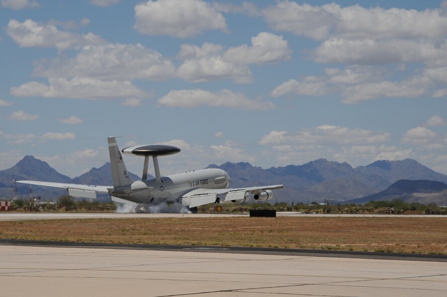 An E-3 Airborne Warning and Control System aircraft from Tinker Air Force Base, Okla., lands on the flightline at Davis-Monthan AFB, Ariz., May 16, 2015. Eight AWACS arrived here due to tornado alerts in Oklahoma. The AWACS are assigned to the 963rd Airborne Air Control Squadron from the 552nd Air Control Wing. (U.S. Air Force photo by Senior Airman Betty R. Chevalier)