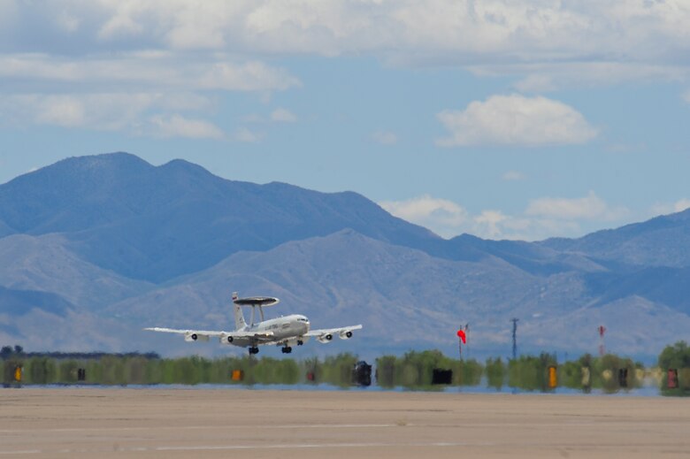 An E-3 Airborne Warning and Control System aircraft from Tinker Air Force Base, Okla., prepares to land at Davis-Monthan AFB, Ariz., May 16, 2015. Eight AWACS arrived here due to tornado alerts in Oklahoma.  (U.S. Air Force photo by Airman 1st Class Chris Massey/Released)