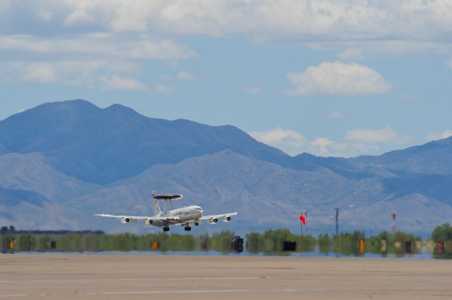 An E-3 Airborne Warning and Control System aircraft from Tinker Air Force Base, Okla., prepares to land at Davis-Monthan AFB, Ariz., May 16, 2015. Eight AWACS arrived here due to tornado alerts in Oklahoma.  (U.S. Air Force photo by Airman 1st Class Chris Massey/Released)