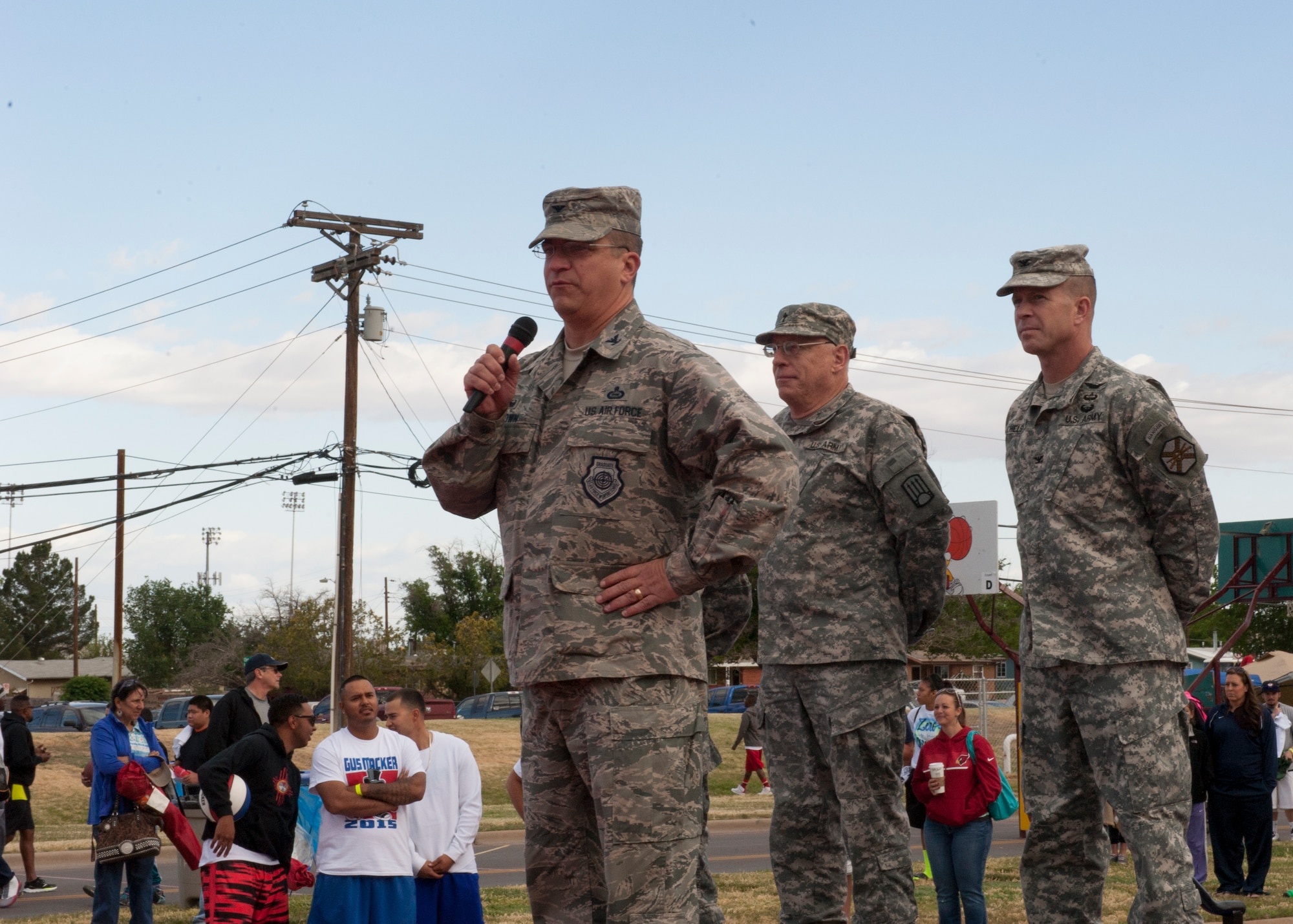 Colonel Greg Brown, 49th Wing Mission Support Group commander, makes opening remarks at the beginning of the local Armed Forces Day Celebration at Alamogordo, N.M., May 16, 2015. Created by Secretary of Defense Louis Johnson in 1949, Armed Forces Day is a single-day celebration to pay special tribute to the men and women of the Armed Forces. (U.S. Air Force photo by Capt. Bryant Davis/Released)