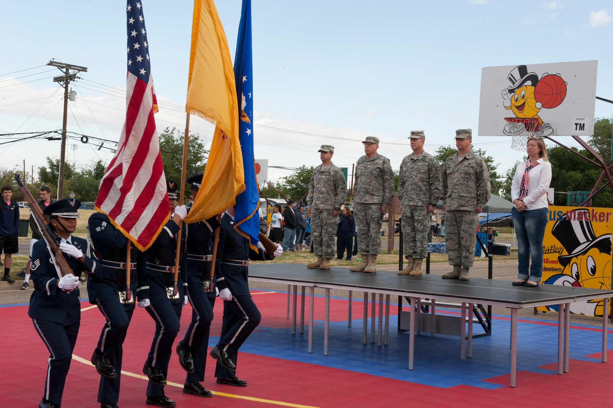 Members of the Steel Talons Honor Guard present the colors to kick off the local Armed Forces Day Celebration at Alamogordo, N.M., May 16, 2015. Created by Secretary of Defense Louis Johnson in 1949, Armed Forces Day is a single-day celebration to pay special tribute to the men and women of the Armed Forces. (U.S. Air Force photo by Capt. Bryant Davis/Released)