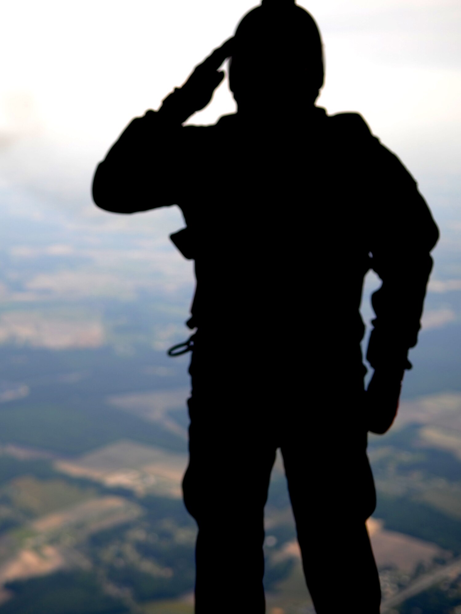 U.S. Army Sgt. First Class Sunnydale Hyde, a member of the U.S. Army Black Daggers parachute demonstration team, salutes as he exits a C-130 Hercules for a formation jump as part of the 2015 Wings Over Wayne Airshow and Open House, May 17, 2015. The Black Daggers were one of several featured aerial demonstrations, along with the U.S. Air Force Thunderbirds and the “Tora, Tora, Tora!” Pearl Harbor reenactment. (U.S. Air Force photo/Senior Airman Ashley J. Thum)