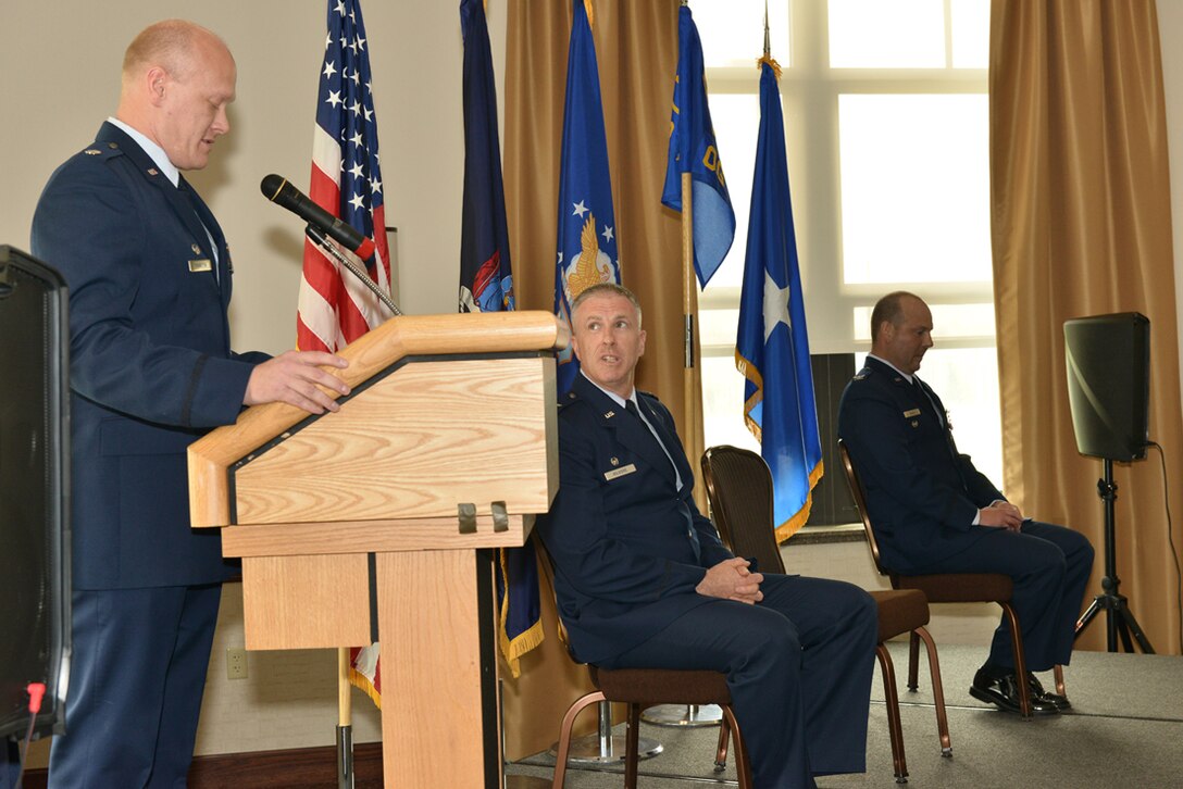 New 107th Operations Group Commander Lt. Col. Gary R. Charlton II addresses guests, and the men and women of the unit attending the change of command ceremony at the Niagara Falls Air Reserve Station, May 16, 2015.