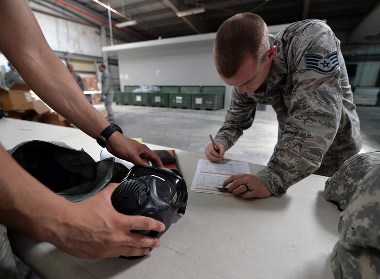 Staff Sgt. Tommy, military working dog handler, signs a hand receipt for individual protective equipment at an undisclosed location in Southwest Asia April 20, 2015. The IPE warehouse here has issued gear to an estimated 13,200 personnel over the past year. (U.S. Air Force photo/Tech. Sgt. Jeff Andrejcik)