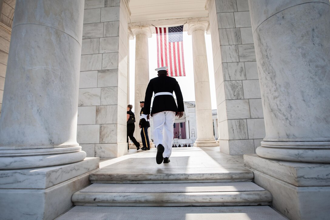 Sgt. Maj. Ronald L. Green, the 18th Sergeant Major of the Marine Corps, participates in a wreath laying ceremony at the Tomb of the Unknown Soldier in honor of National Armed Forces Day at Arlington National Cemetery in Arlington, VA., May 16, 2015. (U.S. Marine Corps photo by Sgt. Melissa Marnell)