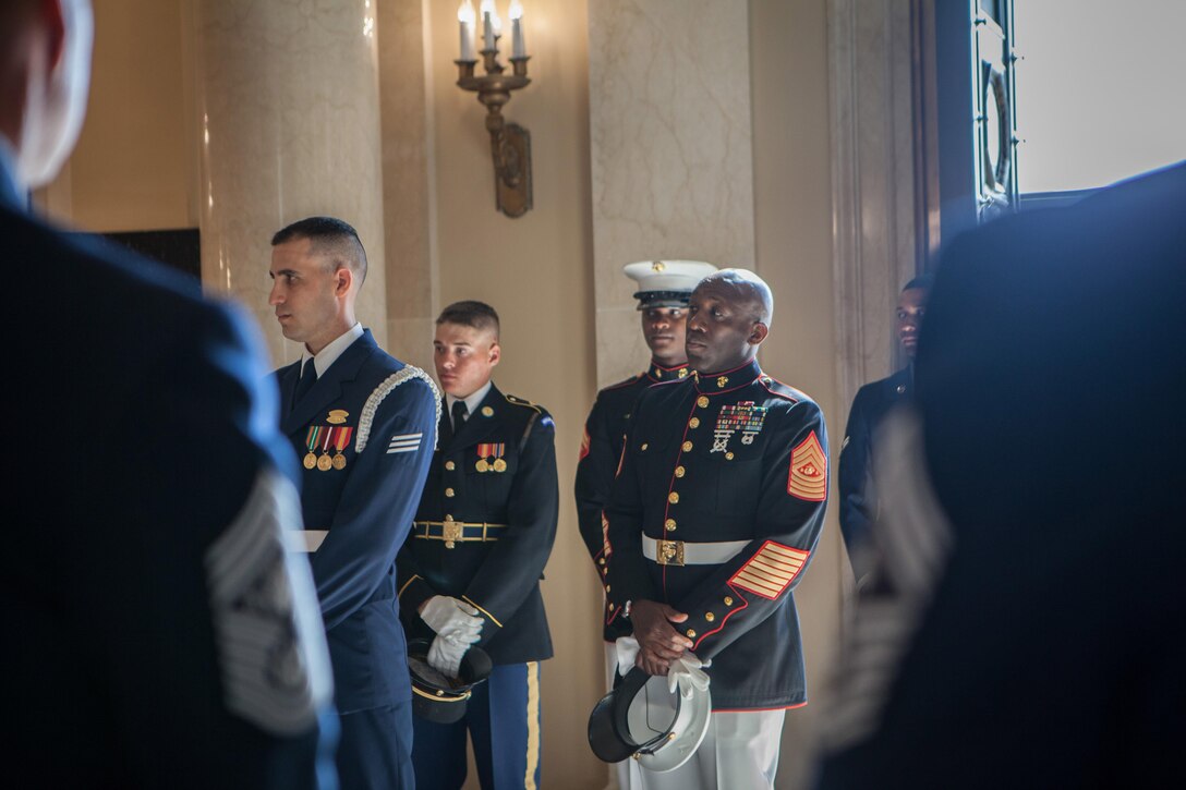 Sgt. Maj. Ronald L. Green, the 18th Sergeant Major of the Marine Corps, participates in a wreath laying ceremony at the Tomb of the Unknown Soldier in honor of National Armed Forces Day at Arlington National Cemetery in Arlington, VA., May 16, 2015. (U.S. Marine Corps photo by Sgt. Melissa Marnell)