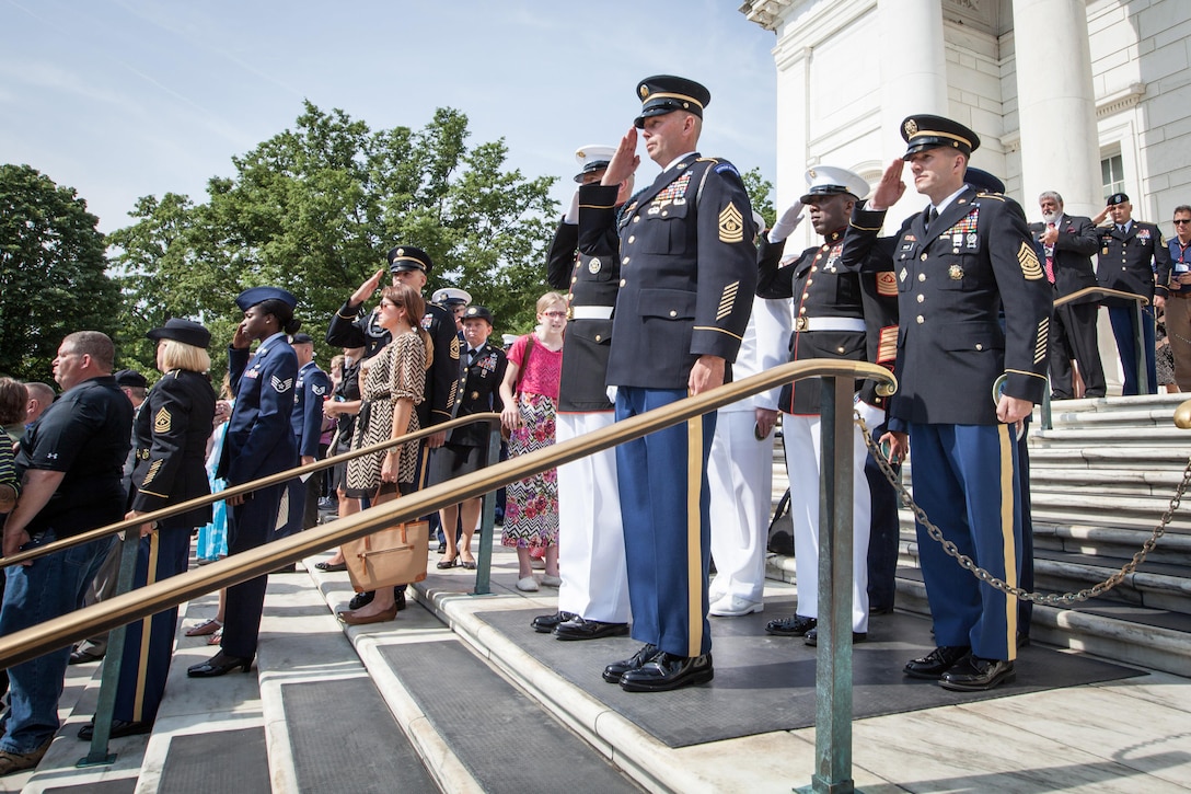Senior Enlisted Leaders of the U.S. Armed Forces participate in a wreath laying ceremony at the Tomb of the Unknown Soldier in honor of National Armed Forces Day at Arlington National Cemetery in Arlington, VA., May 16, 2015. (U.S. Marine Corps photo by Sgt. Melissa Marnell)