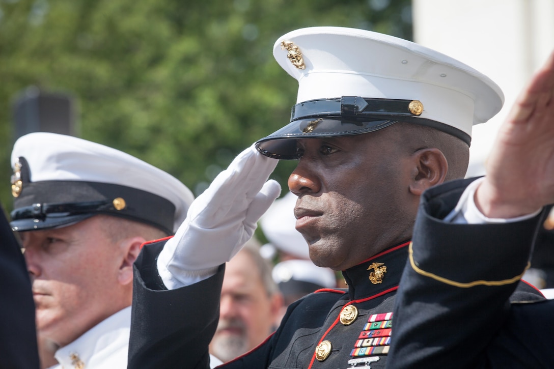 Sgt. Maj. Ronald L. Green, the 18th Sergeant Major of the Marine Corps, participates in a wreath laying ceremony at the Tomb of the Unknown Soldier in honor of National Armed Forces Day at Arlington National Cemetery in Arlington, VA., May 16, 2015. (U.S. Marine Corps photo by Sgt. Melissa Marnell)