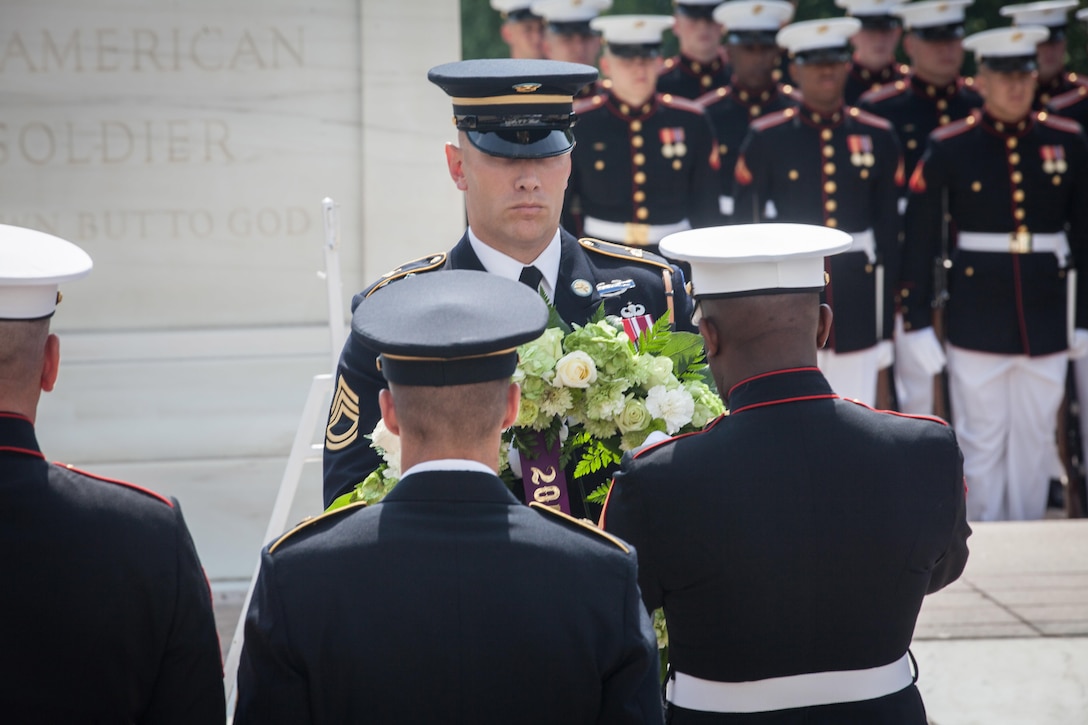 Sgt. Maj. Ronald L. Green, the 18th Sergeant Major of the Marine Corps, participates in a wreath laying ceremony at the Tomb of the Unknown Soldier in honor of National Armed Forces Day at Arlington National Cemetery in Arlington, VA., May 16, 2015. (U.S. Marine Corps photo by Sgt. Melissa Marnell)