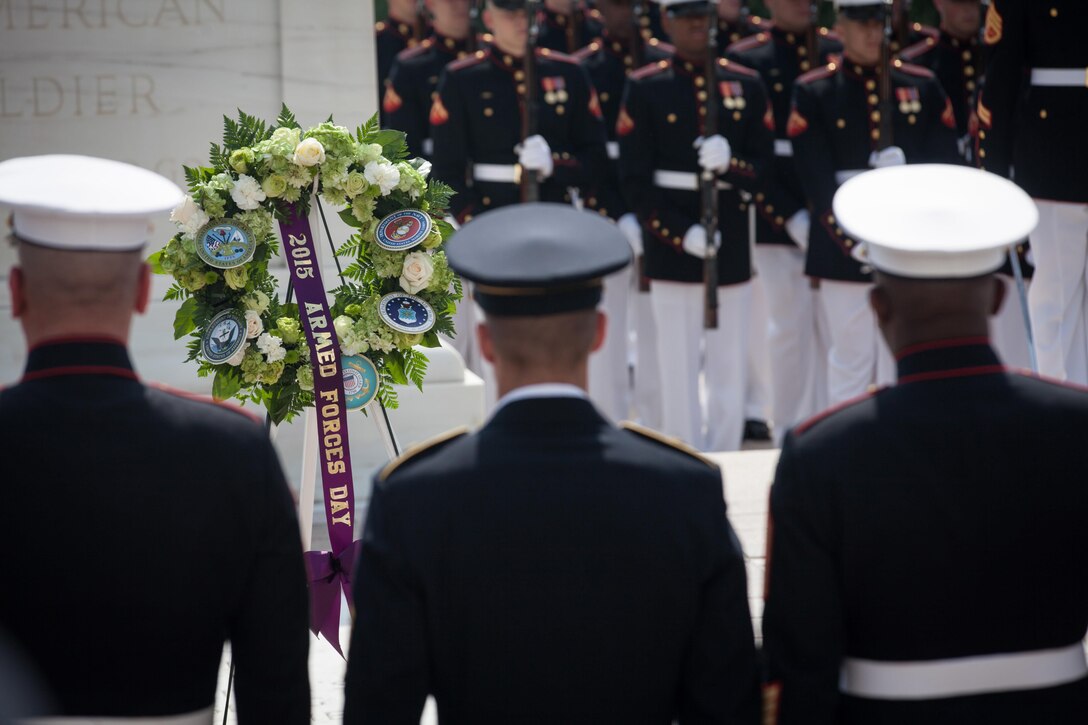 Senior Enlisted Leaders of the U.S. Armed Forces participate in a wreath laying ceremony at the Tomb of the Unknown Soldier in honor of National Armed Forces Day at Arlington National Cemetery in Arlington, VA., May 16, 2015. (U.S. Marine Corps photo by Sgt. Melissa Marnell)