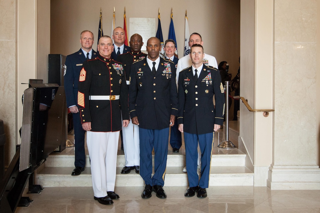Senior Enlisted Leaders of the U.S. Armed Forces participate in a wreath laying ceremony at the Tomb of the Unknown Soldier in honor of National Armed Forces Day at Arlington National Cemetery in Arlington, VA., May 16, 2015. (U.S. Marine Corps photo by Sgt. Melissa Marnell)