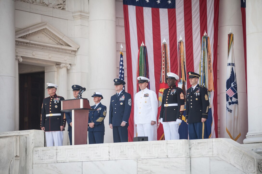 Senior Enlisted Leaders of the U.S. Armed Forces participate in a wreath laying ceremony at the Tomb of the Unknown Soldier in honor of National Armed Forces Day at Arlington National Cemetery in Arlington, VA., May 16, 2015. (U.S. Marine Corps photo by Sgt. Melissa Marnell)