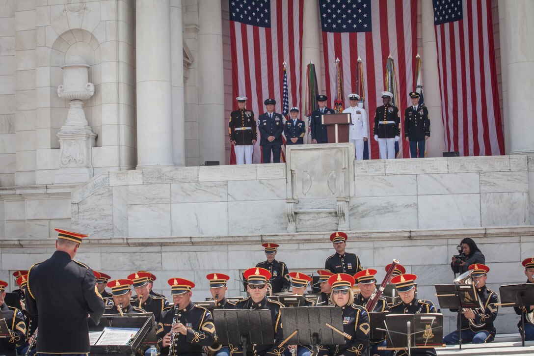 Senior Enlisted Leaders of the U.S. Armed Forces participate in a wreath laying ceremony at the Tomb of the Unknown Soldier in honor of National Armed Forces Day at Arlington National Cemetery in Arlington, VA., May 16, 2015. (U.S. Marine Corps photo by Sgt. Melissa Marnell)