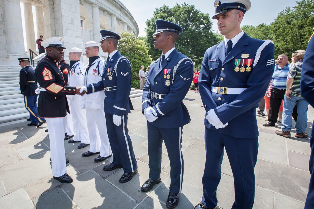 Sgt. Maj. Ronald L. Green, the 18th Sergeant Major of the Marine Corps, participates in a wreath laying ceremony at the Tomb of the Unknown Soldier in honor of National Armed Forces Day at Arlington National Cemetery in Arlington, VA., May 16, 2015. (U.S. Marine Corps photo by Sgt. Melissa Marnell)