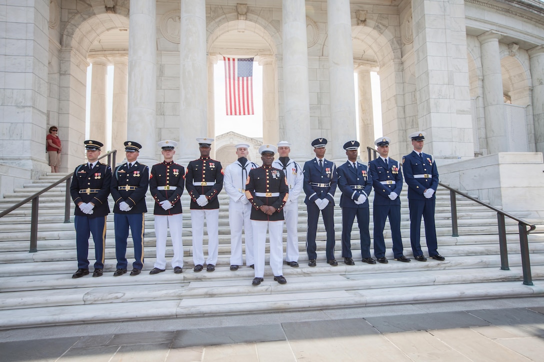 Sgt. Maj. Ronald L. Green, the 18th Sergeant Major of the Marine Corps, participates in a wreath laying ceremony at the Tomb of the Unknown Soldier in honor of National Armed Forces Day at Arlington National Cemetery in Arlington, VA., May 16, 2015. (U.S. Marine Corps photo by Sgt. Melissa Marnell)
