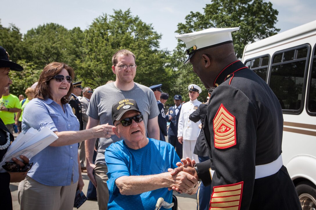 Sgt. Maj. Ronald L. Green, the 18th Sergeant Major of the Marine Corps, participates in a wreath laying ceremony at the Tomb of the Unknown Soldier in honor of National Armed Forces Day at Arlington National Cemetery in Arlington, VA., May 16, 2015. (U.S. Marine Corps photo by Sgt. Melissa Marnell)