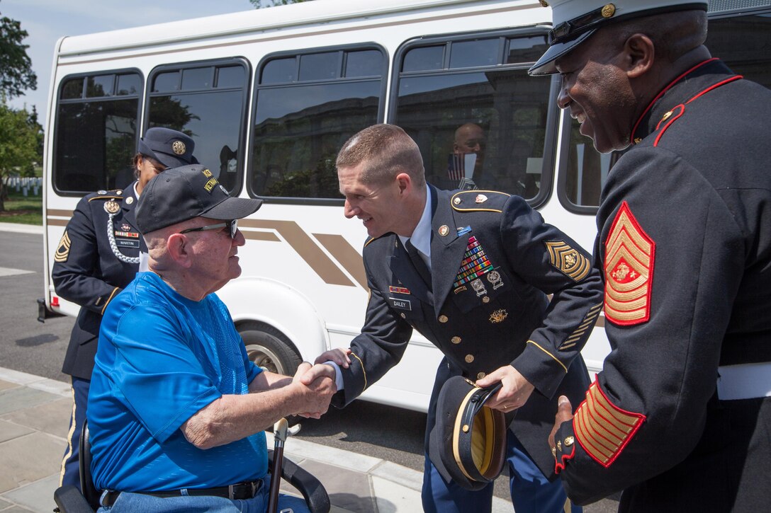 Senior Enlisted Leaders of the U.S. Armed Forces participate in a wreath laying ceremony at the Tomb of the Unknown Soldier in honor of National Armed Forces Day at Arlington National Cemetery in Arlington, VA., May 16, 2015. (U.S. Marine Corps photo by Sgt. Melissa Marnell)