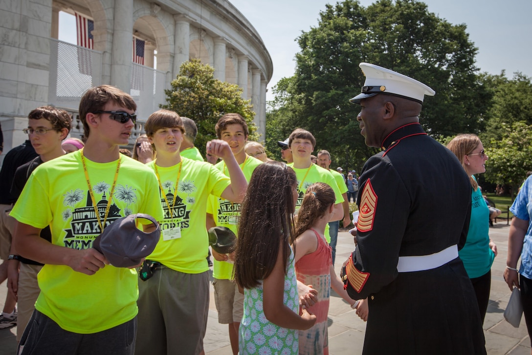 Sgt. Maj. Ronald L. Green, the 18th Sergeant Major of the Marine Corps, participates in a wreath laying ceremony at the Tomb of the Unknown Soldier in honor of National Armed Forces Day at Arlington National Cemetery in Arlington, VA., May 16, 2015. (U.S. Marine Corps photo by Sgt. Melissa Marnell)