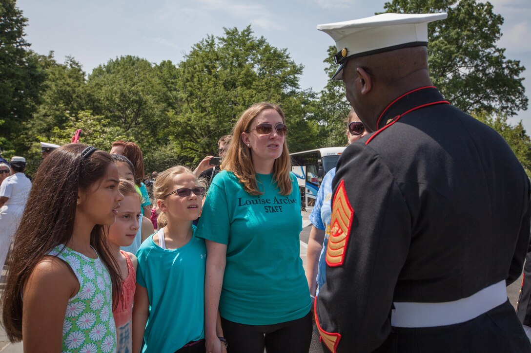 Sgt. Maj. Ronald L. Green, the 18th Sergeant Major of the Marine Corps, participates in a wreath laying ceremony at the Tomb of the Unknown Soldier in honor of National Armed Forces Day at Arlington National Cemetery in Arlington, VA., May 16, 2015. (U.S. Marine Corps photo by Sgt. Melissa Marnell)