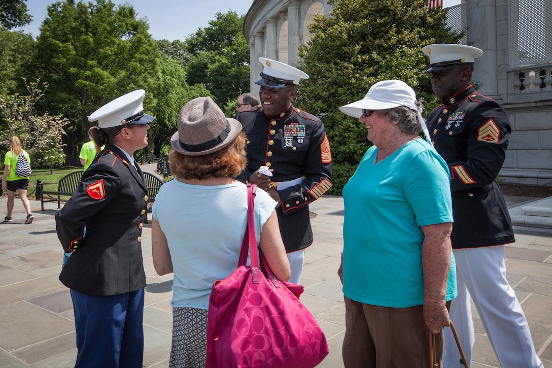Sgt. Maj. Ronald L. Green, the 18th Sergeant Major of the Marine Corps, participates in a wreath laying ceremony at the Tomb of the Unknown Soldier in honor of National Armed Forces Day at Arlington National Cemetery in Arlington, VA., May 16, 2015. (U.S. Marine Corps photo by Sgt. Melissa Marnell)