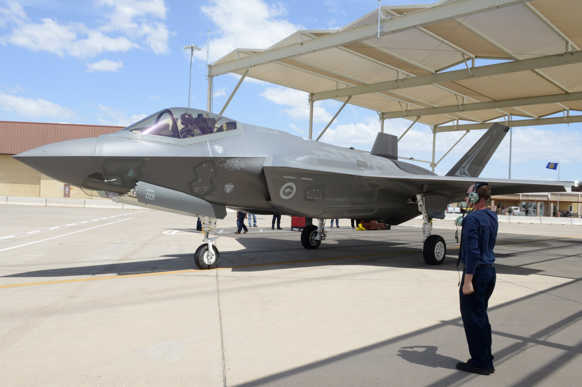 Royal Australian Air Force Maj. Andrew Jackson, 61st Fighter Squadron RAAF squadron leader, taxis out to the runway at Luke Air Force Base, Arizona, May 14, 2015. Jackson is the first Australian pilot to fly the RAAF F-35 at Luke. (U.S. Air Force photo by Senior Airman James Hensley) 