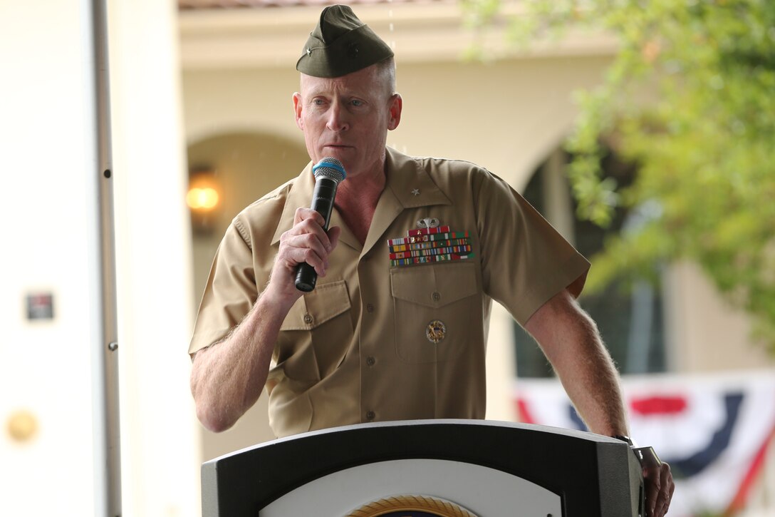 Brig. Gen. Edward D. Banta, Commanding General, Marine Corps Base Camp Pendleton, Marine Corps Installations – West, gives his remarks during the opening ceremony for the new Fisher House, May 15. The new Camp Pendleton Fisher House will provide free temporary housing facilities for military families visiting wounded Marines and Sailors at the base Naval Hospital. 