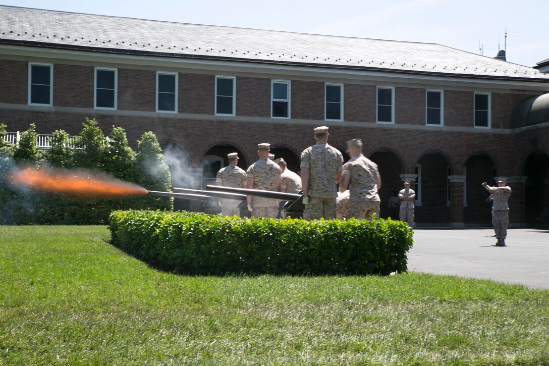 Marine Barracks Washington, D.C., body bearers practice firing cannons to "Ode to Joy" for an Evening Parade. May 13, 2015 (U.S. Marine Corps photo by Cpl. Chi Nguyen/ Released)