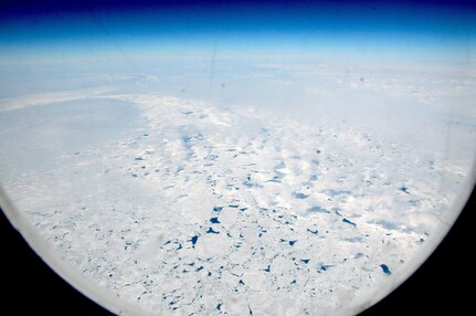 A C-17 Globemaster III flies over the Ross Sea on Dec. 25, 2010, during a flight from Christchurch, New Zealand, to McMurdo Air Station, Antarctica. The aircraft is assigned to the Air Force Reserve Command’s 728th Airlift Squadron at McChord Air Force Base, Wash. The flight was turned around as bad weather made it too difficult to land in Antarctica. The National Guard is part of a joint force that supports Operation Deep Freeze each year.