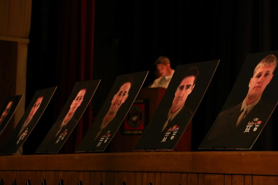 A Marine with U.S. Marine Corps Forces, Special Operations Command addresses the audience in attendance of a celebration of life ceremony commemorating 11 fallen service members May 15, 2015, aboard Marine Corps Base Camp Lejeune, N.C. Seven MARSOC Marines and four Louisiana Army National Guardsmen were killed when a UH-60 Black Hawk Helicopter crashed during amphibious operations involving helicopter and boat insertion and extraction training near Eglin, Fla., March 10. (U.S. Marine Corps photo by Cpl. Steven Fox/Released)