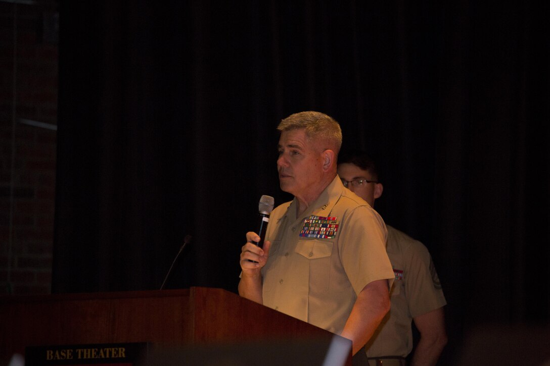 Major Gen. Joseph L. Osterman, commander of U.S. Marine Corps Forces, Special Operations Command, addresses the audience attending a celebration of life ceremony commemorating 11 fallen service members May 15, 2015, aboard Marine Corps Base Camp Lejeune, N.C. Seven MARSOC Marines and four Louisiana Army National Guardsmen were killed when a UH-60 Black Hawk Helicopter crashed during amphibious operations involving helicopter and boat insertion and extraction training, near Eglin, Fla., March 10. (U.S. Marine Corps photo by Cpl. Steven Fox/Released)