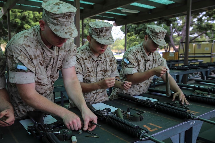 Recruits of India Company, 3rd Recruit Training Battalion, listen to directions while inspecting their rifle cleaning kits during rifle issue at Marine Corps Recruit Depot San Diego, Calif., May 11. Regardless of their military occupation specialty, they will become fluent, knowledgeable and blindfoldedly familiar with their weapon; realizing that regardless of MOS, their proficiency as a marksman is a key attribute to being a Marine. Today, all males recruited west of the Mississippi are trained at MCRD San Diego. The depot is responsible for training more than 16,000 recruits annually. India Company is scheduled to graduate from recruit training on July 31.