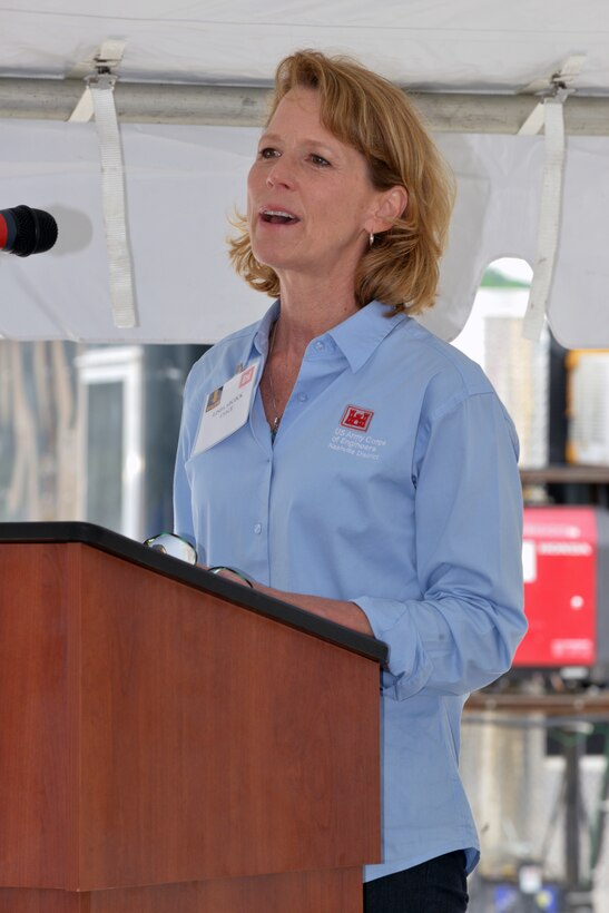 Linda Adcock, U.S. Army Corps of Engineers Nashville District Center Hill Dam Safety Project Manager thanks attendees at the completion ceremony for the Center Hill Foundation Remediation Barrier Wall on May 18, 2015 at the Center Hill Dam. 