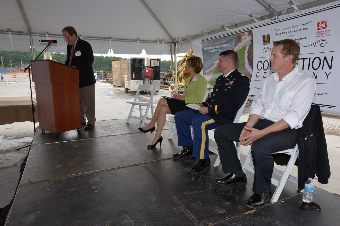 Mike Wilson, U.S. Army Corps of Engineers Nashville District deputy for Programs and Project Management speaks in depth about the foundation remediation constructionto a crowd gathered to celebrate the completion of Center Hill Foundation Remediation Barrier Wall Completion during a ceremony May 18, 2015 at the Center Hill Dam.  