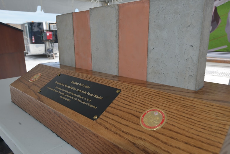 A small-scale model commemorating the completion of the Center Hill Dam Barrier Wall Project May 18, 2015 on the work platform of the dam. 