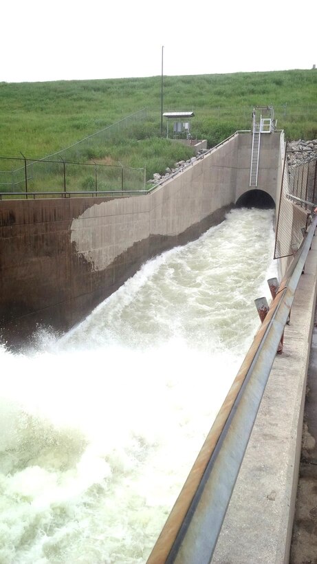 Lake Ray Roberts in the Fort Worth District releases water after recent rainfall.  