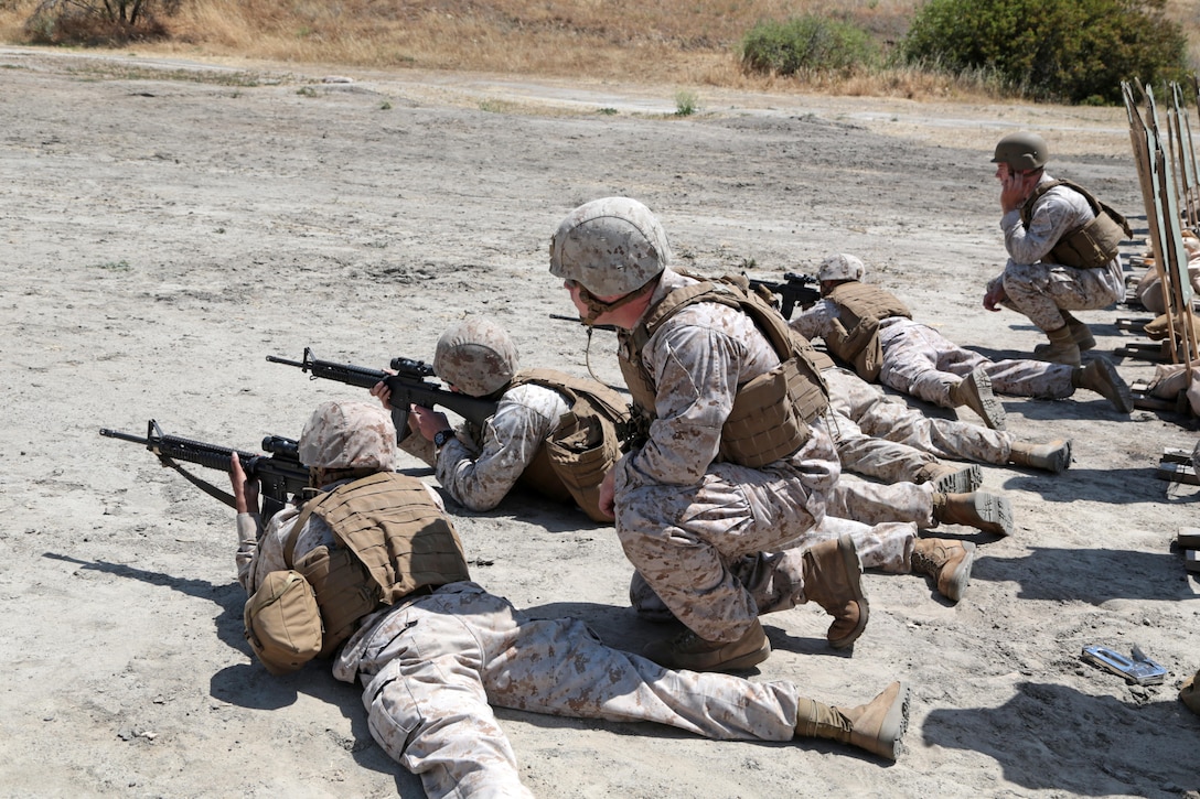 U.S. Marines and Sailors with the 13th Marine Expeditionary Unit Command Element (13th MEU CE) conduct table 3 rifle training during Command Post Exercise 1 (CPX-1) aboard Camp Pendleton, Calif. May 12, 2015. From 11-14 May, 13th MEU CE conducted CPX-1 in order to improve unit effectiveness in the areas  of command and control, and basic field skills.  (U.S. Marine Corps photo by Cpl. David Gonzalez, 13th Marine Expeditionary Combat Camera/ Released)