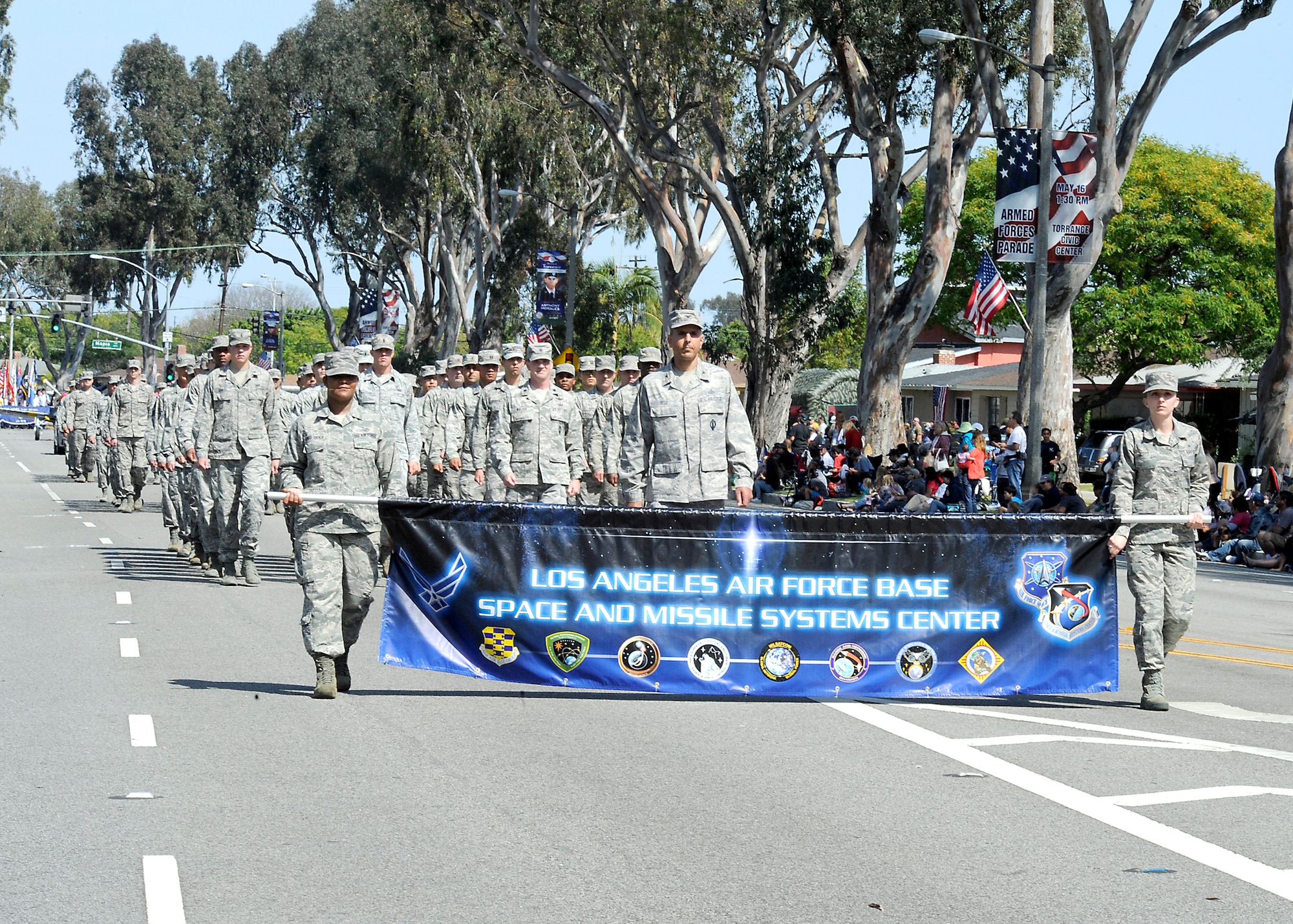 A marching unit from Los Angeles AFB marches down Torrance Blvd. during the annual Torrance Armed Forces Day parade, May 16. (Photo by Joe Juarez) 