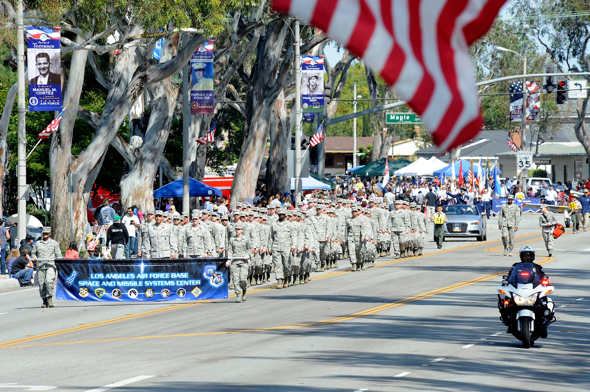 A marching unit from Los Angeles AFB marches down Torrance Blvd. during the annual Torrance Armed Forces Day parade, May 16. (Photo by Joe Juarez) 