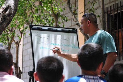 U.S. Army Chaplain (Capt.) Vincente Alcivar, 1st Battalion, 228th Aviation Regiment chaplain, teaches Army values, including respect, selfless service and honor, to the boys of Saint Anthony of Padua Boys Home outside La Paz, Honduras May 16, 2015. The 1-228 leads monthly visits to local orphanages around Soto Cano Air Base, to serve the community. (U.S. Air Force photo by Capt. Christopher Love)