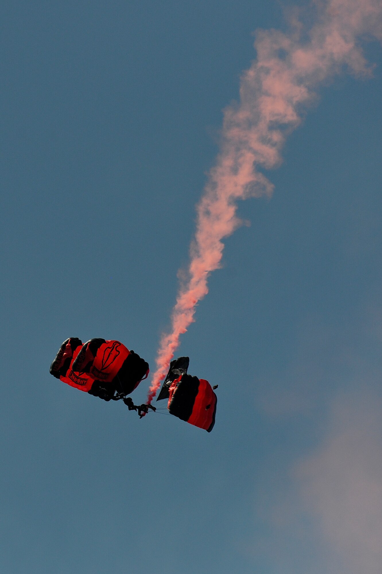 Three members of the U.S. Army Special Operations Command Parachute Demonstration Team, the Black Daggers, perform aerial maneuvers during the 2015 Wings Over Wayne Airshow and Open House, May 17, 2015, at Seymour Johnson Air Force Base, North Carolina. The parachutists jumped from a C-130J Hercules, performed multiple formations and landed directly over the audience  at show center. (U.S. Air Force photo/Airman 1st Class Aaron J. Jenne)