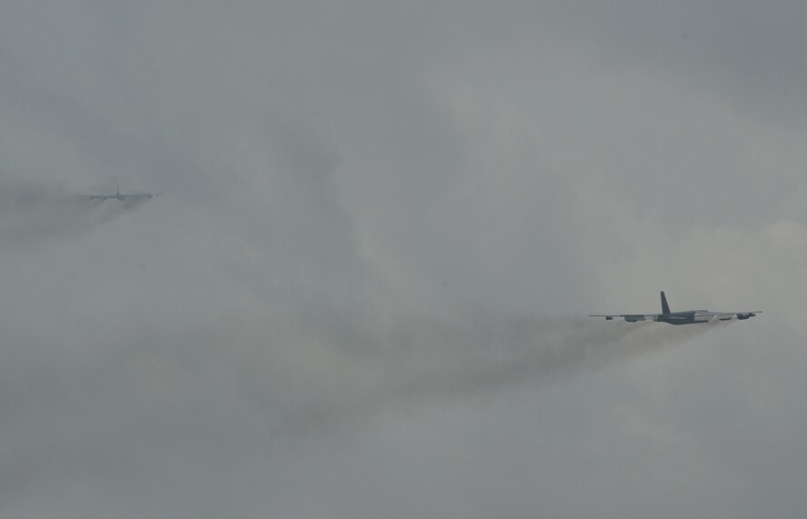 Two B-52H Stratofortresses depart Barksdale Air Force Base, La., in support of Exercise Eager Lion May 17, 2015. One of U.S. Central Command's premier training events, the 35-hour, 14,000-mile nonstop mission provided Air Force Global Strike Command aircrews with the opportunity to integrate with multinational forces in a different part of the world, enhancing interoperability and cooperation. (U.S. Air Force photo/Senior Airman Benjamin Gonsier)