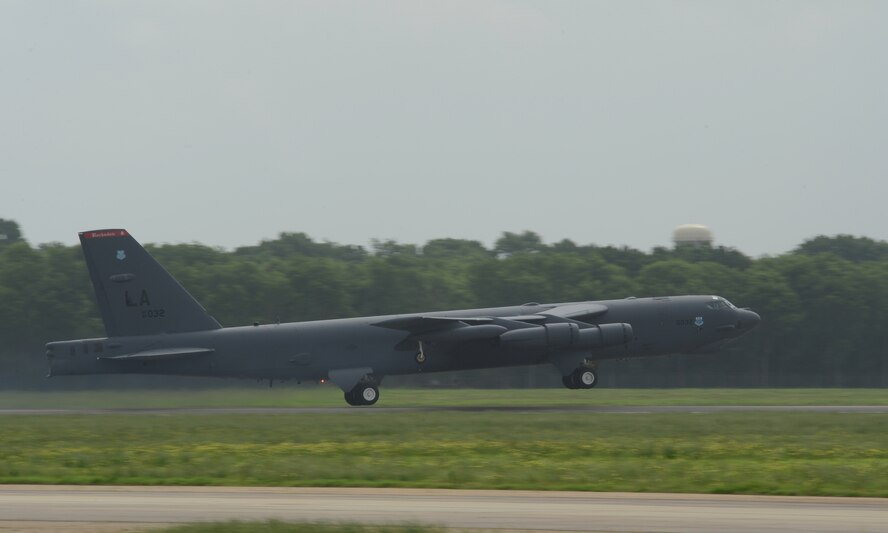 A B-52H Stratofortress takes off from Barksdale Air Force Base, La., in support of Exercise Eager Lion May 17, 2015. Spanning approximately 35 hours and 14,000 miles, the nonstop mission and participation in one of U.S. Central Command's premier training events, provided aircrews with a unique opportunity to integrate and train in joint and coalition operations with a U.S. Geographic Combatant Command and international partners to enhance interoperability and cooperation. (U.S. Air Force photo/Senior Airman Benjamin Gonsier)