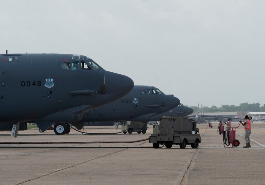 B-52H Stratofortresses are prepared for a mission in support of Exercise Eager Lion 2015 at Barksdale Air Force Base, La., May 17, 2015.  Eager Lion is one of USCENTCOM's premier exercises, and consists of a series of simulated scenarios to facilitate a coordinated, partnered military response to both conventional and unconventional threats. The 35-hour nonstop marked the first time that Air Force Global Strike Command bombers have participated in the exercise. U.S. Strategic Command B-52 missions provide unique opportunities to integrate and train not only with U.S. Geographic Combatant Commands, but also Allies and partners in joint and coalition operations and exercises in order to enhance interoperability and cooperation. (U.S. Air Force photo/Staff Sgt. Jason McCasland)