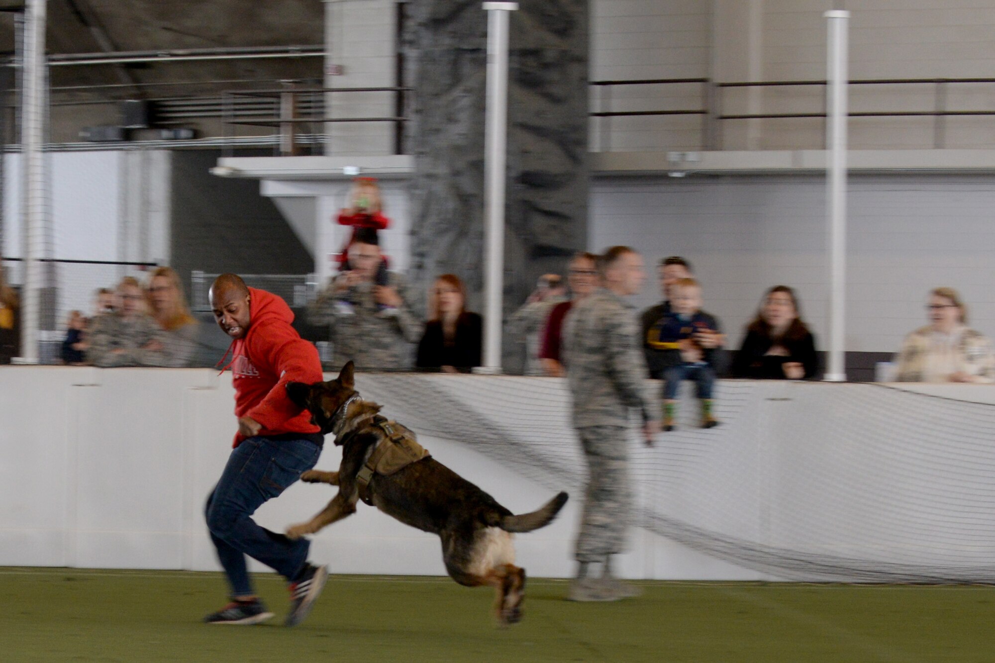 Members from the 28th Security Forces Squadron participate in a military working dog demonstration at Ellsworth Air Force Base, S.D., May 8, 2015. As a way to thank Ellsworth spouses for their hard work, commitment and unwavering dedication, the base hosted the annual event, providing attendees the opportunity to learn more about the Air Force mission and what their spouses do each day. (U.S. Air Force photo by Airman 1st Class Rebecca Imwalle/Released)