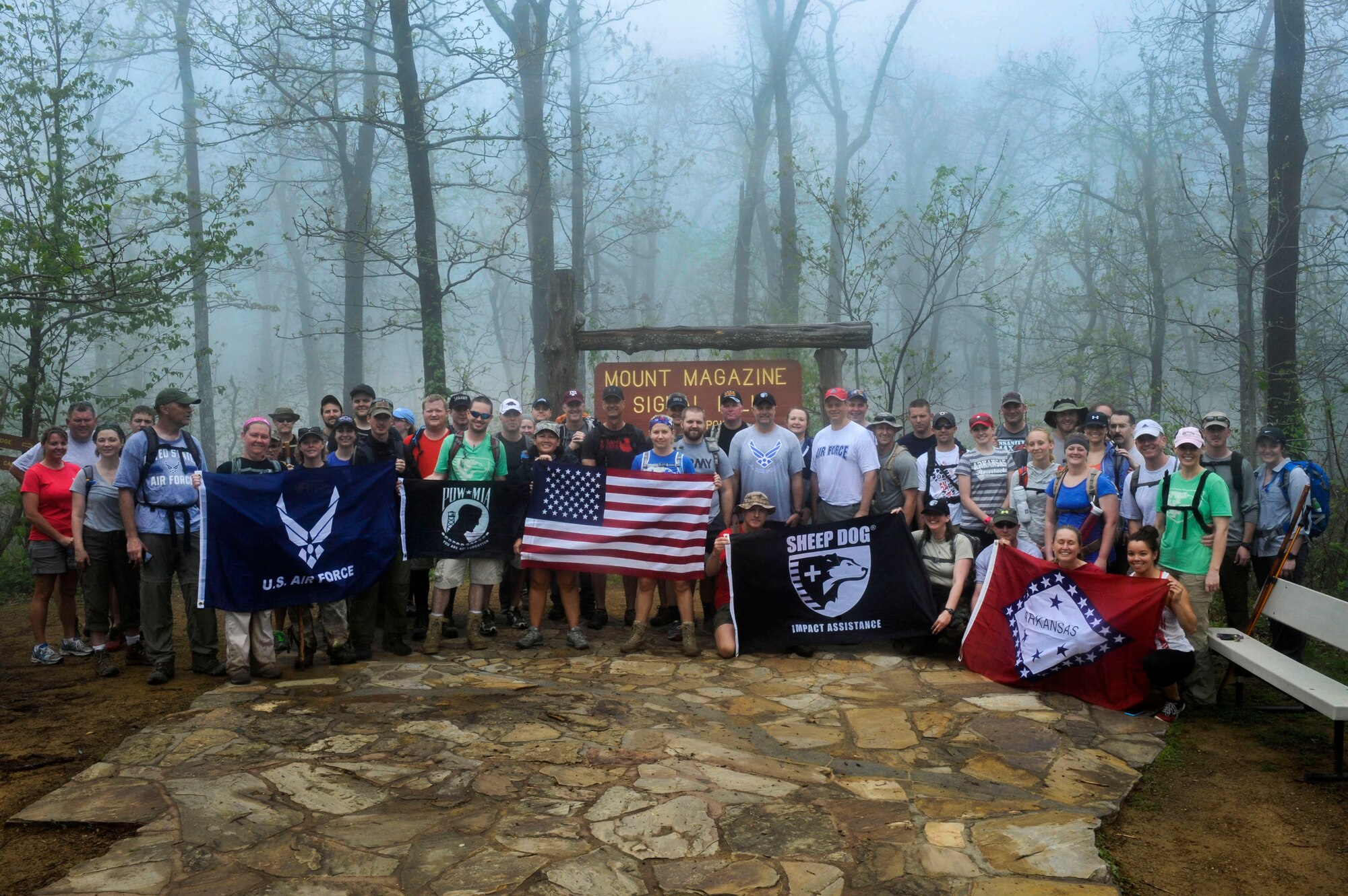 Air Force members and families stationed in Arkansas participated in the 50 Summit Challenge, May 8, 2015, at Mount Magazine State Park, Ark. Mount Magazine is the tallest mountain in the state of Arkansas reaching 2,753 feet. (U.S. Air Force photo by Senior Airman Stephanie Serrano)