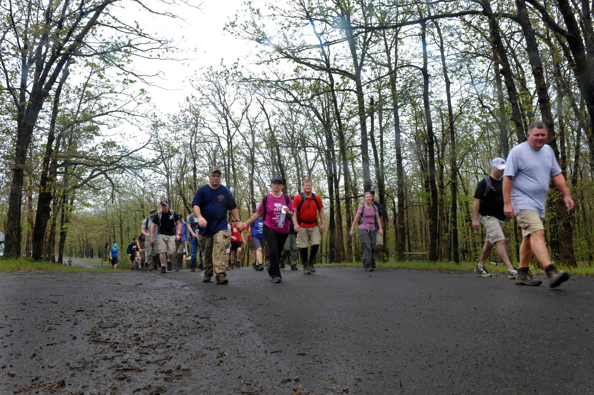 Air Force members and families stationed in Arkansas trek the final stretch to the top of Mount Magazine for the 50 Summit Challenge May 8, 2015, at Mount Magazine State Park, Ark. In the 50 Summit Challenge, Airmen and families are challenged to fly the Air Force flag from the highest point in each of our 50 states. (U.S. Air Force photo by Senior Airman Stephanie Serrano)