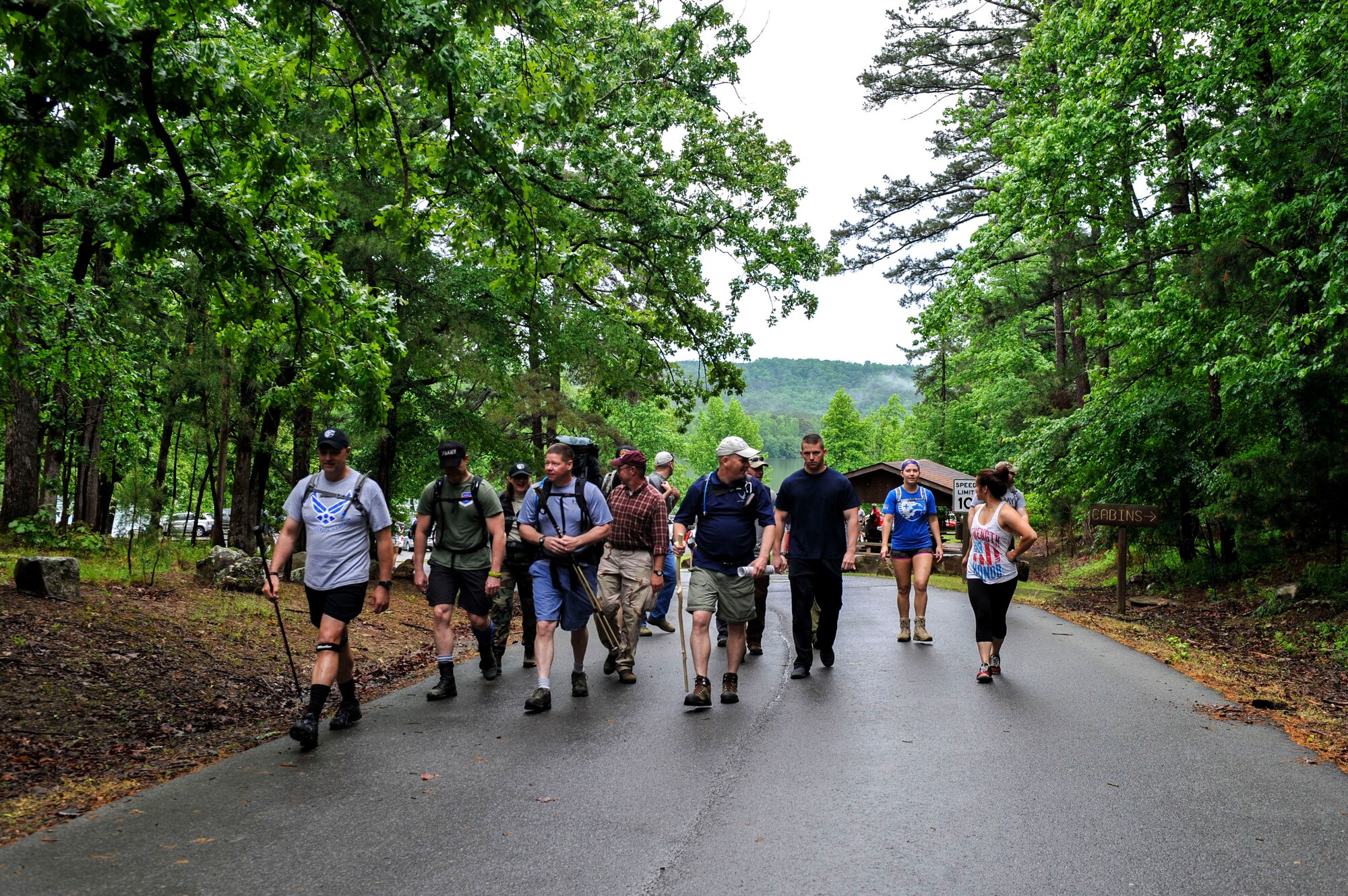 Air Force members and families stationed in Arkansas begin their 10.5 mile hike to the top of Mount Magazine May 8, 2015, at Mount Magazine State Park, Ark. There were approximately 75 Airmen and families that showed up for the event. (U.S. Air Force photo by Senior Airman Stephanie Serrano)