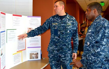 Lt. Darren Bettencourt, a nurse and department head of Military Medicine for
Naval Health Clinic Charleston, provides a detailed presentation about
customer service in the healthcare setting to Petty Officer 2nd Class
Brownlee, NHCC hospital corpsman, during NHCC's Nurses Skills-A-Thon May 6
as part of NHCC's National Nurses Week celebration. (Navy photo by Kris
Patterson)

