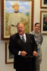 President Teddy Roosevelt, portrayed by Joe Wiegand, performs at the 91st Missile Wing headquarters building on Minot Air Force Base, N.D., May 7, 2015. During his visit, Teddy also toured Uniform-01 and stopped at 91st Missile Wing headquarters to visit with Airmen and learn about their mission. (U.S. Air Force photo/Senior Airman Kristoffer Kaubisch)