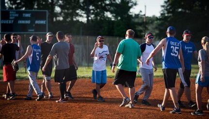 628th Comptroller Squadron/Wing Staff Agencies and Flyers softball players shake hands after the game, May 13, 2015 at Joint Base Charleston – Air Base, S.C. 628th CPTS/WSA beat the FLYERS 6-3. Joint Base Charleston’s 2015 Intramural Softball Season is expected to run till mid-June. (U.S. Air Force photo/Airman 1st Class Clayton Cupit)